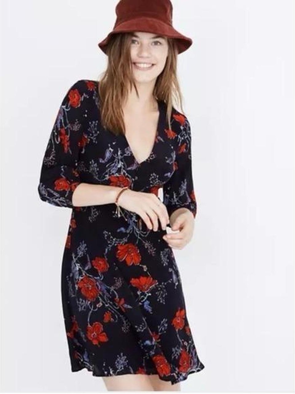 Madewell Floral Silk Knee-Length Dress, Long Sleeves